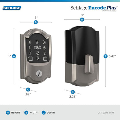Schlage Encode Plus Smart Wi-Fi Lock for Front Door, Keyless Entry Deadbolt, Unlock with Apple Watch, Built-in WiFi and App Control, Easy Install, Alexa & Apple HomeKit Compatible, Satin Nickel