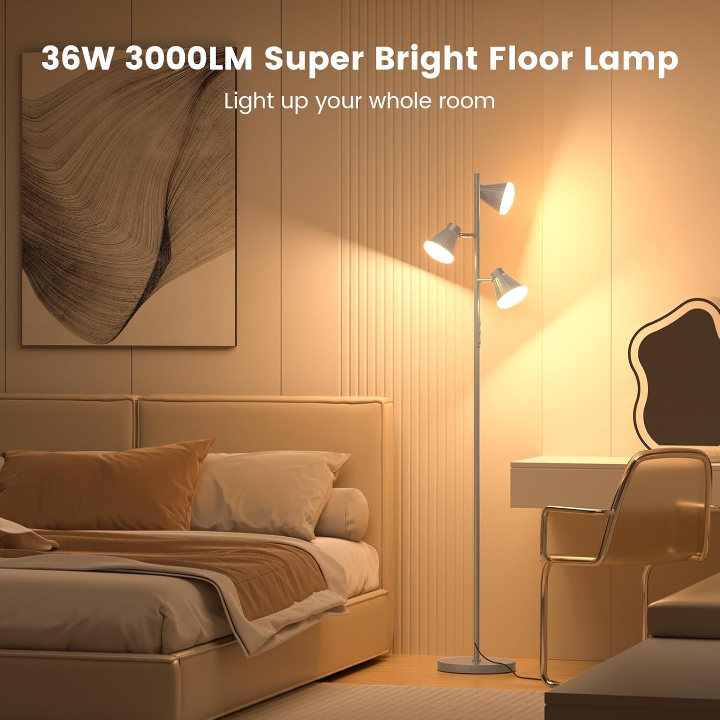 36W LED Tree Floor Lamp, Dimmable Tall Standing Lamp with Remote & Touch Control, 4 Color Temperatures Bright Floor Lamp, 3 Rotatable Light Modern Floor Lamps (Silver Gray)