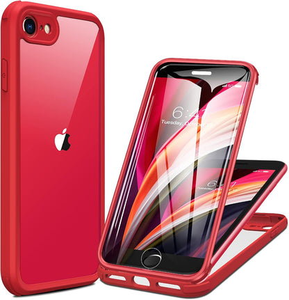 Miracase for iPhone SE Phone Case 3rd/2nd Generation 2022 2020 Full-Body with Built-in Glass Screen Protector, Heavy Duty 360° Protective Shockproof Bumper Cover for iPhone 8/SE 4.7 Inch, Red