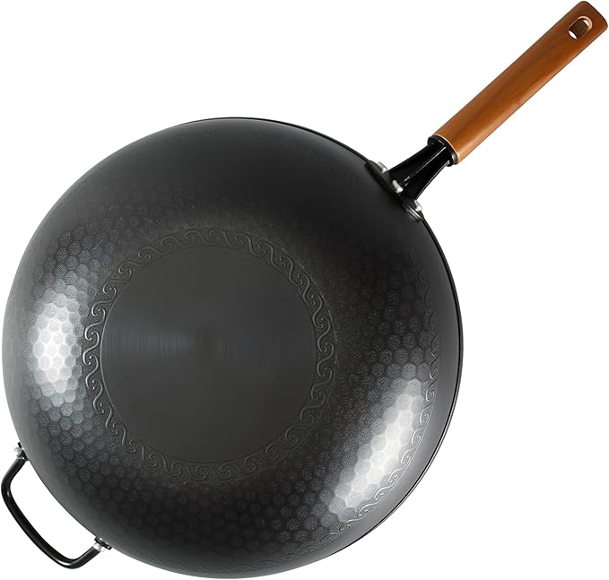 Oster Dunwood 3 Piece Carbon Steel Wok, 13.8” PFAS-Free Stir Fry Pan with Wooden Spatulas, High Heat, Oven & Stovetop Safe