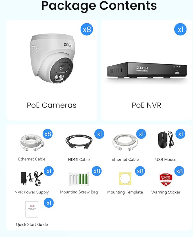 ZOSI C220 4K 8MP 8CH POE NVR Security Camera System (16CH Expandable), 8 x 8MP PoE IP Dome Cameras Outdoor Indoor, AI Human/Vehicle/Face Detection, One-Way Audio, 100ft IR Night Vision, 2TB HDD