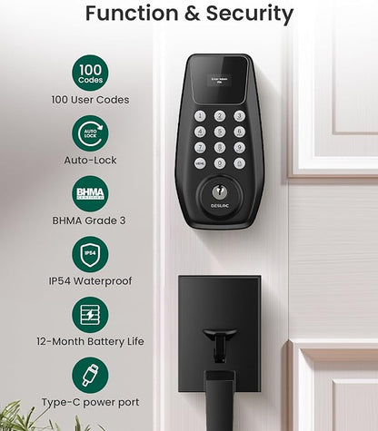 DESLOC C100 Keyless Entry Door Lock with Keypad, Smart Deadbolt Lock for Front Door with 2 Keys, Auto Lock, Easy Installation, 100 PIN Codes, IP54 Waterproof, BHMA Grade 3, Black