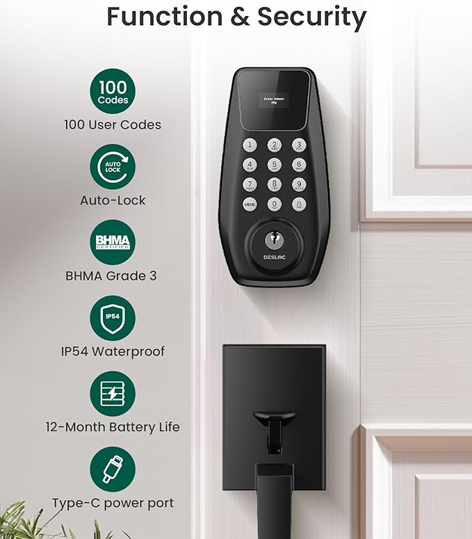 DESLOC C100 Keyless Entry Door Lock with Handle Set, Smart Deadbolt Lock for Front Door with 2 Keys, Auto Lock, 100 PIN Codes, Passage Mode, IP54 Waterproof, 12 Months Battery, Black