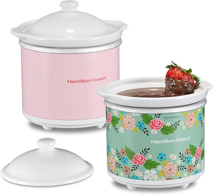 Hamilton Beach Party Dipper Electric Food Warmer Twin Pack, Great for Entertaining and Gifts, 20 oz. Capacity, For Desserts, Dips, Sauces, Cheeses, Solid Pink and Colorful Floral Print (33102)