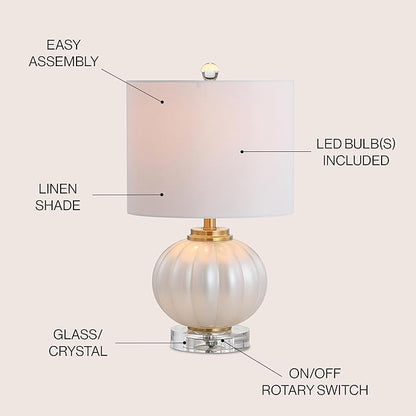 JONATHAN Y 17.5" White/Brass Gold Glass Table Lamp, Modern Crystal Bedside Lamp for Bedroom Living Room Nightstand, Glam Ribbed Accent Lamp, White Faux Silk Shade, LED Bulb (JYL2076B)