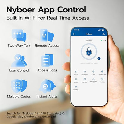 WiFi Video Smart Door Lock with Camera & Doorbell, Keyless Entry Fingerprint Lock with Handle for Front Door, Nyboer Keypad Electronic Digital with Rechargeable Lithium Battery, Easy Installation
