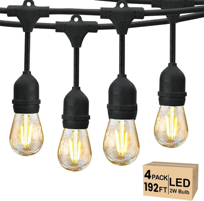 Svater 192 FT Outdoor String Lights 2W, Patio Light for Outside with 64 Antique S14 Plastic LED Bulbs, IP65 Waterproof Hanging Cafe Market Lighting, ETL-Listed Dimmable Warm White (48 FT x 4)