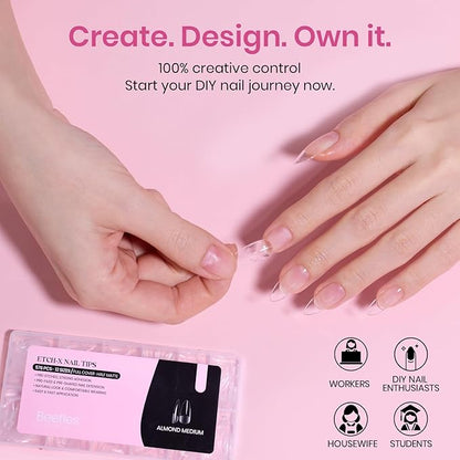 Beetles Medium Almond Nail Tips 576pcs 12 Sizes, Pre-Etched Soft Gel Nail Tips Half Matte Full Cover Press on False Nail Tips Clear Acrylic Nails Glue on Nails DIY Nail Extension Gift for Women