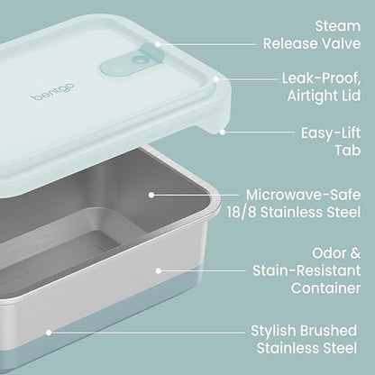 Bentgo MicroSteel Heat & Eat Container – Microwave-Safe, Leak-Proof & Airtight, Easy-to-Clean Lightweight Stainless Steel Reusable Food Storage with Silicone Lid (Family Size; 8.5-Cup Capacity; Aqua)
