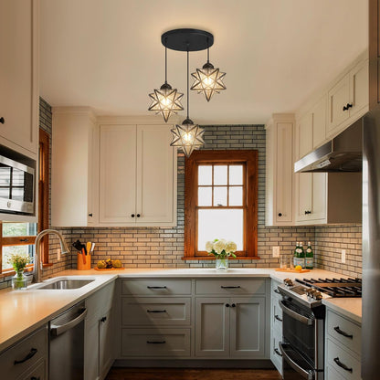 Farmhouse Glam Chandelier with Glass Star Pendants Light Fixture Elegant Ceiling Hanging Lights Included Warm Light Bulbs Black