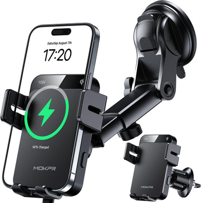 MOKPR Wireless Car Charger, 15W Auto Clamping Car Charger Dash Windshield Air Vent Phone Holder Compatible with iPhone 16 15 14/13/13 Pro/12 pro/12/11/X/8, Samsung S24/S23/S22