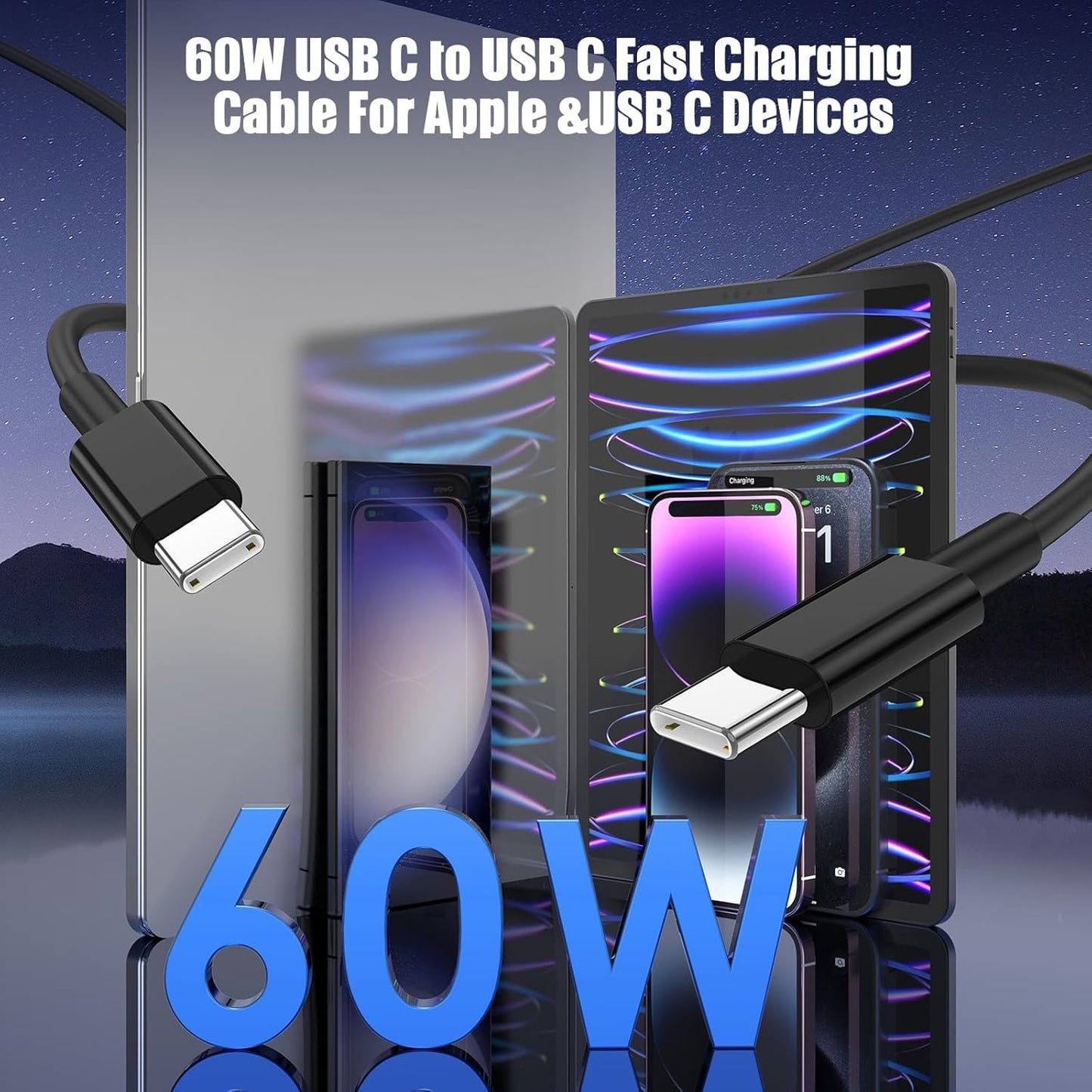 3-Pack Black [6.6FT+6.6FT+10FT] 60W USB C to USB C Cable, Type C Fast Charging Cable for iPhone 16 15 Pro Plus Pro Max，for Galaxy S24 S23, for iPad Pro/Air, for MacBook Pro/Air and More