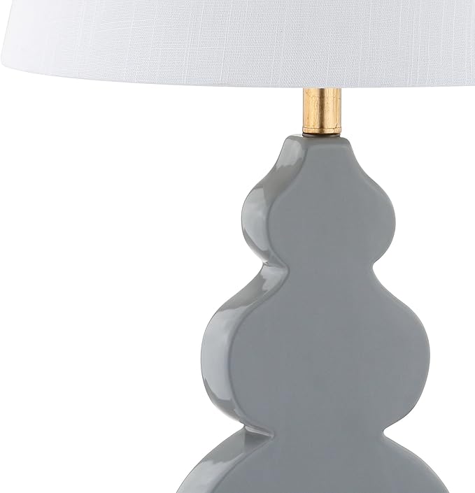 JONATHAN Y 29" Gray/Gold Ceramic Table Lamp for Bedroom Modern Bedside Lamp, White Linen Shade, Mid-Century Triple Gourd Desk Lamp for Office, LED Bulb Included (JYL3018B)