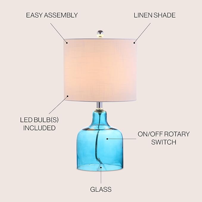 JONATHAN Y 19" Moroccan Blue Glass Bell Table Lamp for Living Room Bedroom, White Linen Drum Shade, Modern Coastal Bedside Nightstand Lamp with LED Bulb, UL Listed JYL1027A