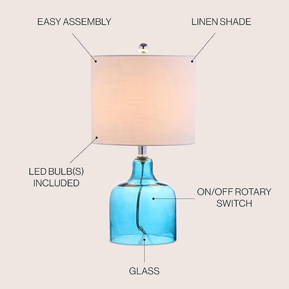 JONATHAN Y 19" Moroccan Blue Glass Bell Table Lamp for Living Room Bedroom, White Linen Drum Shade, Modern Coastal Bedside Nightstand Lamp with LED Bulb, UL Listed JYL1027A