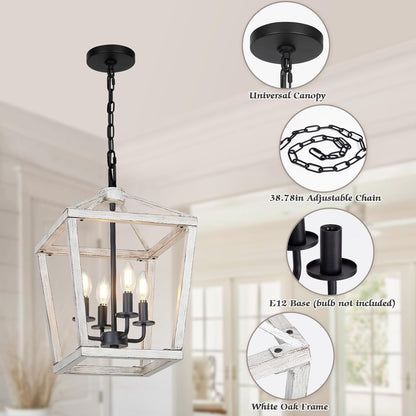 4 Light Rustic Chandelier, Farmhouse Lantern Fixture with Brushed White Oak Cage and Adjustable Chain, E12 Base Geometric Hanging Light Fixture Ceiling lighting for Entryway Kitchen Island, Indoor Use