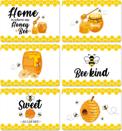 Honey Bee Placemats Set of 6 Summer Plastic Table Mats Yellow Bee Theme Placemats Washable Farmhouse Rustic Holiday Table Decoration for Indoor Outdoor Party Kitchen Dining