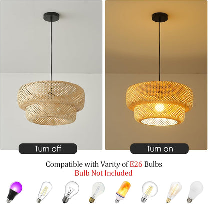 Bamboo Pendant Light,Boho Rattan Hanging Light,13.8" Hand Woven Wicker Chandelier for Kitchen Island for Kitchen Island Dining Bedroom Living Room Restaurants