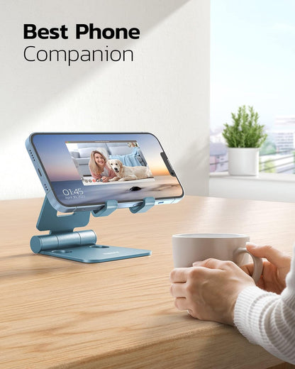 Nulaxy Dual Folding Cell Phone Stand, Fully Adjustable Foldable Desktop Phone Holder Cradle Dock Compatible with Phone 15 14 13 12 11 Pro Xs Xs Max Xr X 8, Nintendo Switch, All Phones - Blue