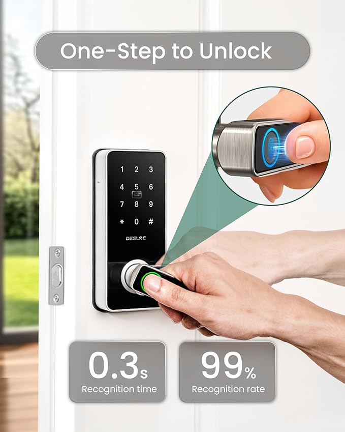 DESLOC B200L Fingerprint Smart Lock with Handle, Keyless Entry Door Locks for Front Door and Bedrooms, App Control, Touchscreen Keypad, Auto-Lock, 12-Month Battery, Emergency Power Port, IP54 Silver