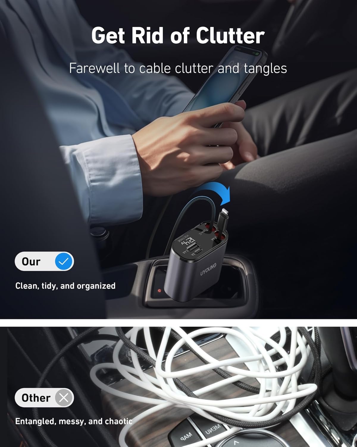 UYOUNG Retractable Car Charger 100W, 4 in 1 Fast Car Phone Charger, 2 Retractable Cables 31.5 Inch and 2 USB Ports, Compatible with iPhone 15/14/13/12/11 Pro Max/XR/XS,Samsung,Pixel,iPad/iPod