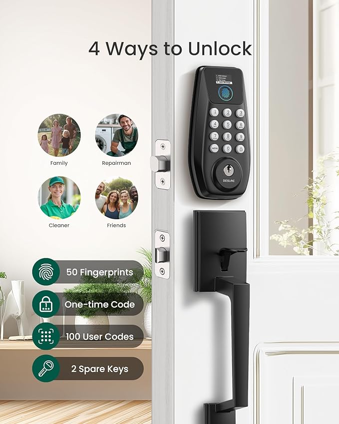 DESLOC C110 Keyless Entry Door Lock with Handle Set&Display (Smart Screen), Fingerprint Door Locks, Keypad Deadbolt, Auto-Lock, Backlit Keys, Passage Mode, IP54 Waterproof