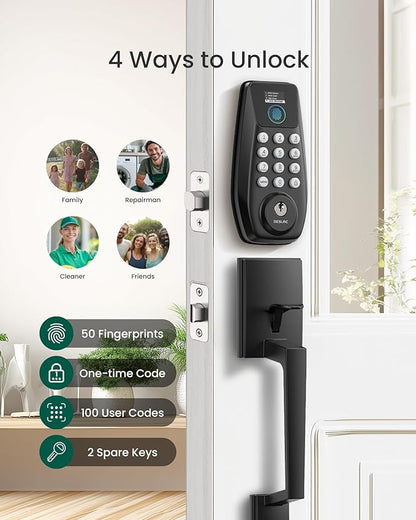 DESLOC C110 Keyless Entry Door Lock with Handle Set&Display (Smart Screen), Fingerprint Door Locks, Keypad Deadbolt, Auto-Lock, Backlit Keys, Passage Mode, IP54 Waterproof