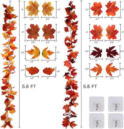RECUTMS 2 Pack Fall Maple Garland - 5.8 FT/Pcs Autumn Hanging Fall Leave Vines for Home Garden Wedding Party Thanksgiving Dinner Fireplace Door Frame Doorway Backdrop Christmas Decor