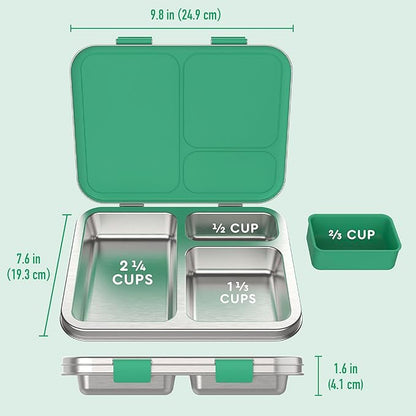 Bentgo Kids Stainless Steel Leak-Resistant Lunch Box - 3-Compartments with Bonus Silicone Container, Durable, Eco-Friendly, Dishwasher Safe, BPA-Free, Ideal for School, Ages 3+ (Green)