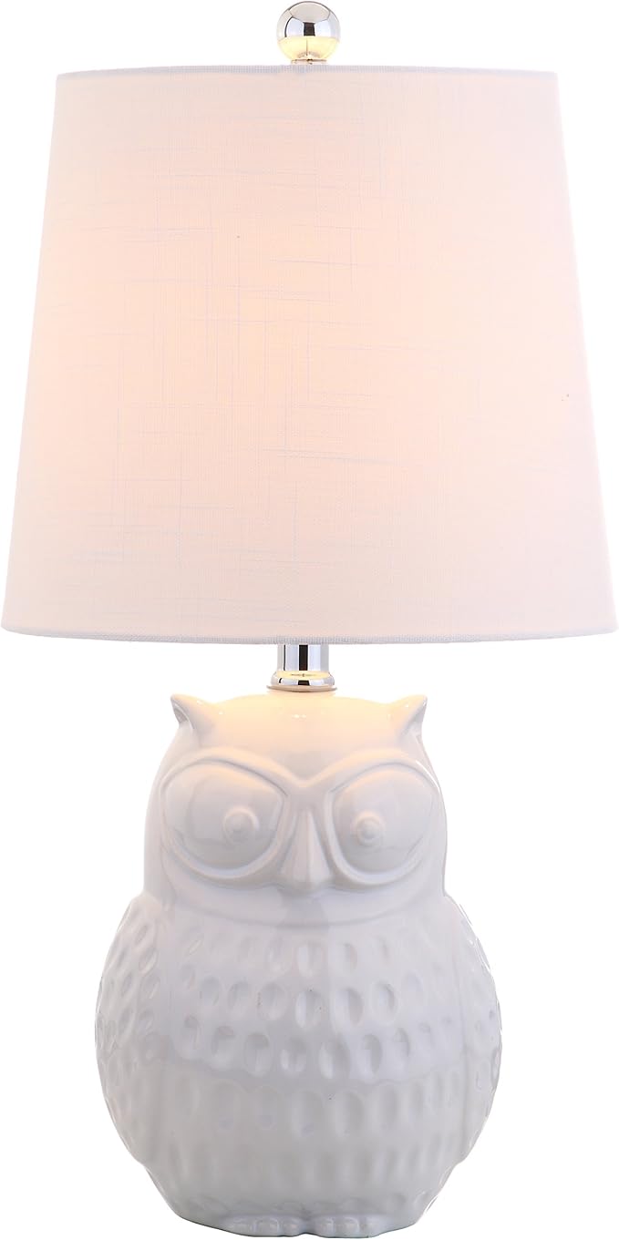 JONATHAN Y 20.5" White Ceramic Owl Table Lamp, Whimsical Cottage Bedside Nightstand Light for Living Room Nursery, White Linen Drum Shade, UL Listed, LED Bulb Included JYL1026A