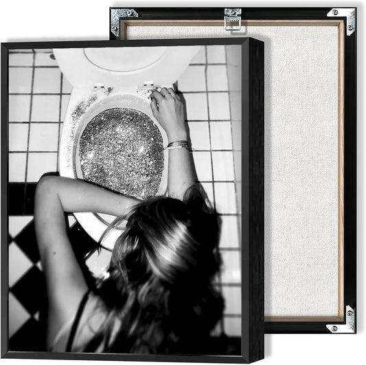 Funny Bathroom Wall Art Black and White posters Bar Disco Party prints painting Girls Bathroom Canvas wall art Funky aesthetics Teen Girl Bedroom wall decor for 12x16in Framed