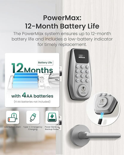 DESLOC C100 Keyless Entry Door Lock with 2 Lever Handles, Smart Deadbolt Lock for Front Door with 2 Keys, Auto Lock, 100 PIN Codes, Passage Mode, IP54 Waterproof, 12 Months Battery,Silver