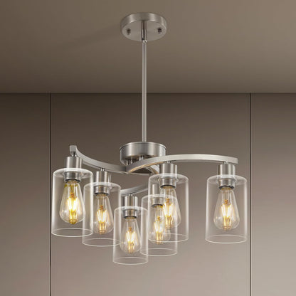 6 Light Modern Brushed Nickel Pendant Light Fixture For Dining Room，Contemporary Kitchen Light Fixtures Brushed Nickel，Adjustable Height Farmhouse Dining Chandeliers Over Table，With Glass Shade
