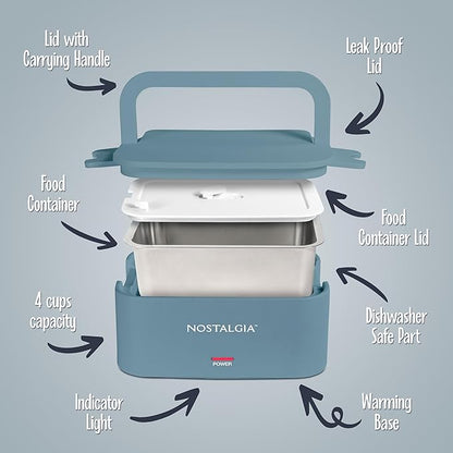 Nostalgia Portable Heated Lunch Box – 4-Cup Stainless Steel Food Warmer – Detachable Cord, Leak-Proof Lid, Carry Handle – Portable for Work & Travel – Ocean Blue