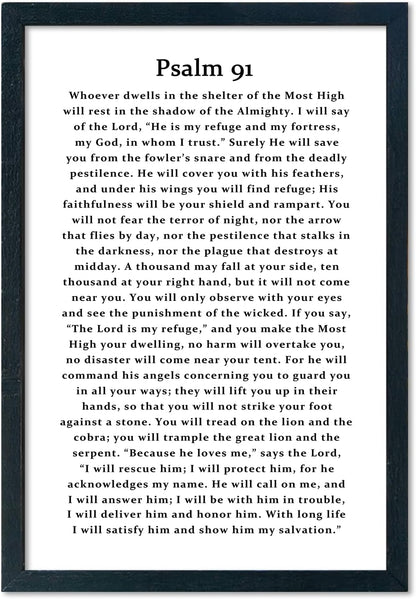 LuZhiQiang Psalm 91 Scripture Wall Art 16"×11" Bible Verse Christian Inspirational Sign Wood Framed Wall Hanging Decor (Black)