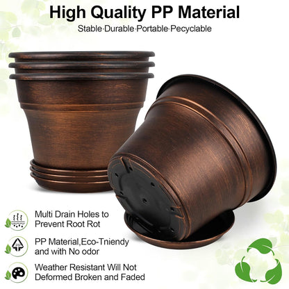 Plant Planters Pots Set of 6 Pack 6 Inch, Plastic Flower Pot for Indoor Plants with Drainage Holes & Trays, Resin Decorative Container Sets with Saucer for House Outdoor Garden Planters Dark Gold