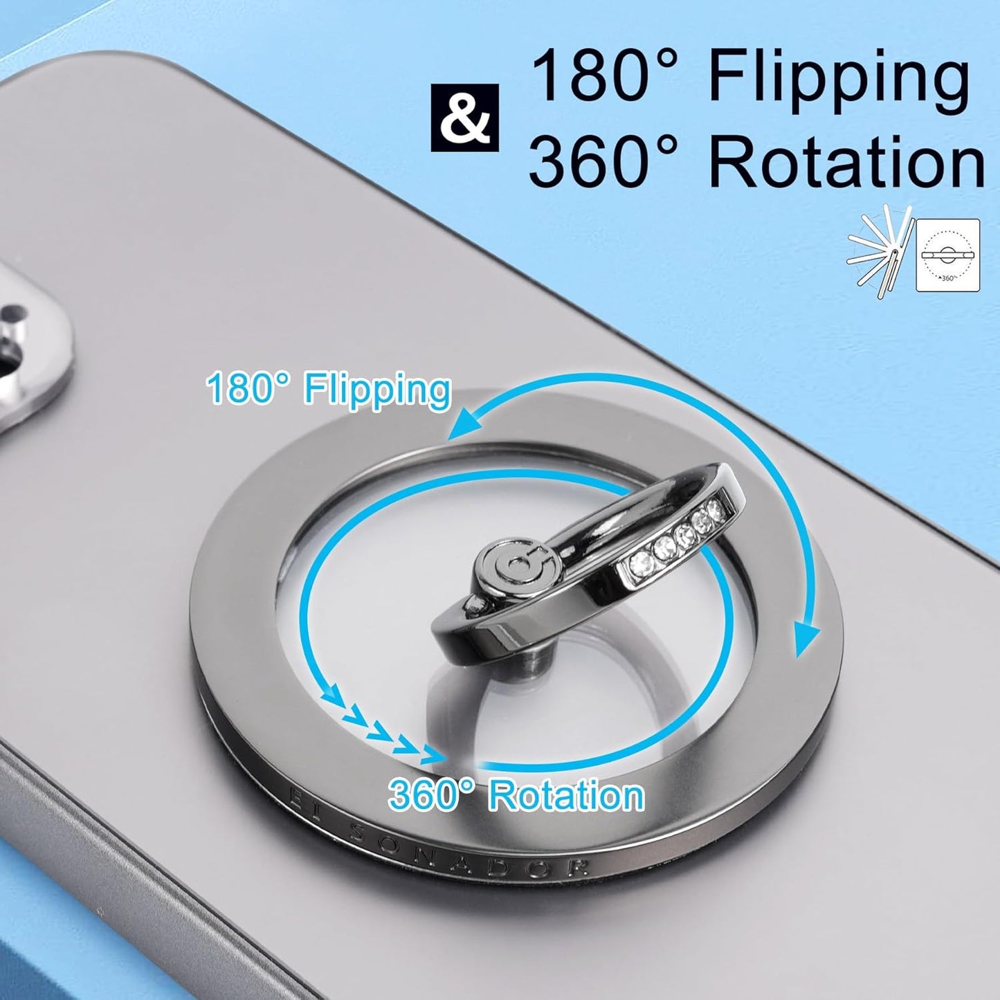 Magnetic Phone Grip for MagSafe, EI Sonador Magnet Phone Ring Holder, Removable, Compatible with iPhone 14 Plus 13 12 Pro Max Mini (Transparent Gold Diamond)