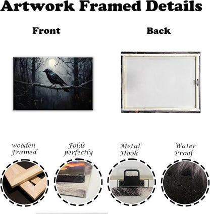 OAAPITI Crow Canvas Wall Art Black Crow Stand On The Branch Picture Print Moonlit Night Poster Vintage Forest Landscape Painting Artwork Living Room Halloween Decor(Artwork-1,24"x36")