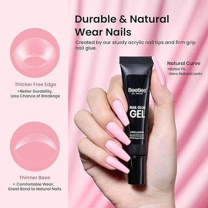 Beetles Gel Nail Kit Long Coffin, with Dehydrator and Primer, 576Pcs Half Matte Etch-X Gel Nail Tips Solid Nail Glue Mini Lamp Acrylic Tips Easy DIY Extension Set Gift for Women
