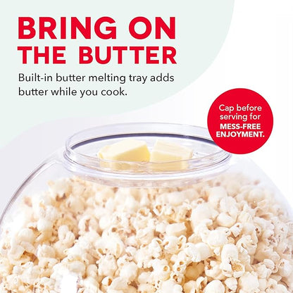 Dash SmartStore® Stirring Popcorn Maker - Electric Popcorn Machine with Butter-Melting Tray & Clear Serving Bowl - Features Stirring Bar - 24 Cups, White