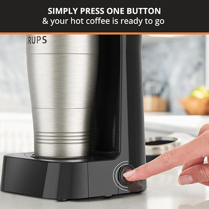 KRUPS: 2 Cup Coffee Maker, Simply Brew Stainless Steel Single Serve Drip Coffee Machine and Travel Tumbler 14 Ounce Stainless Steel Tumbler Included 650 Watts Coffee Filter, Compact Silver and Black