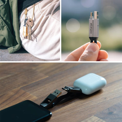 Rolling Square inCharge 6 - Keychain USB C Charger Cable, Lightning Cable and Micro-USB for Smartphone, Universal Cable Charger 6 in 1, USB Plug, 15W, Gray