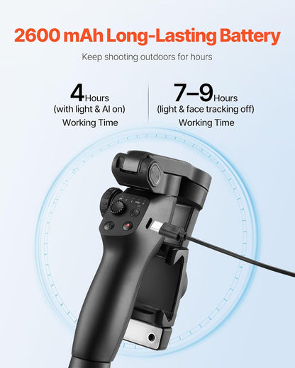 VEVOR Gimbal Stabilizer for Smartphone, 3-Axis Stabilization, AI-Powered Phone Gimbal for Android iPhone with Fill Light, Tripod, Auto Tracking, Portable Foldable Phone Stabilizer for Video Recording