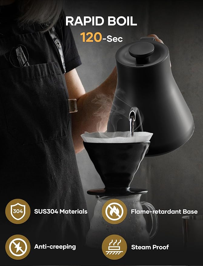 Electric Kettle, Gooseneck Electric Kettle, ±1℉ Temperature Control, Stainless Steel Inner, Quick Heating, for Pour Over Coffee, Brew Tea, Boil Hot Water, 1500W/0.9L Black