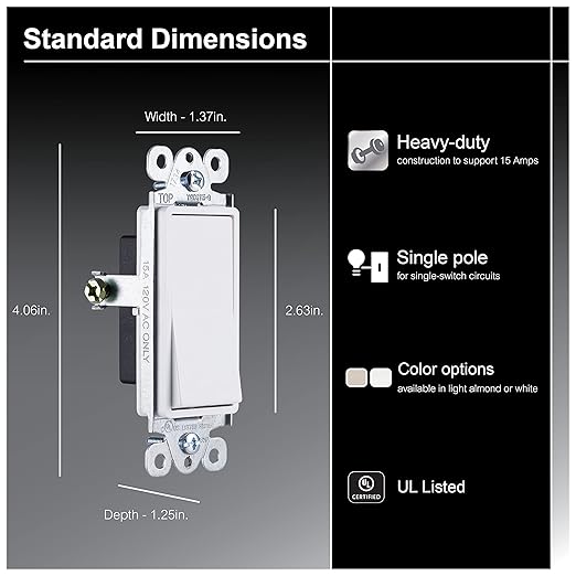 GE Paddle Rocker Switch - Single Pole Switch, On/Off, Replacement for Light Switches & Ceiling Fans, Grounding, UL Listed, White, 50726