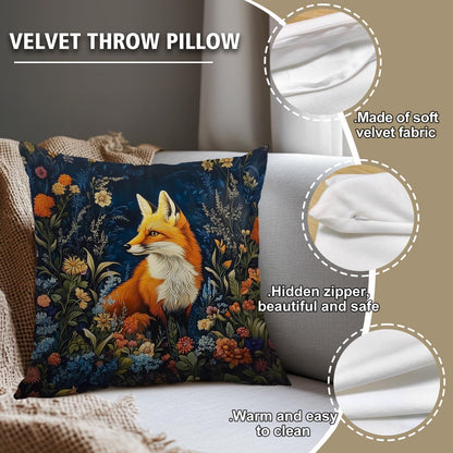 YOU FOUND ME William Morris Abstract Vintage Floral Velvet Fox Design Throw Pillow Covers Home Decor, Retro Art Deco Pillowcase Cushion Cover for Bed Sofa Living Room, Square 18x18inch (Orange-Fox)