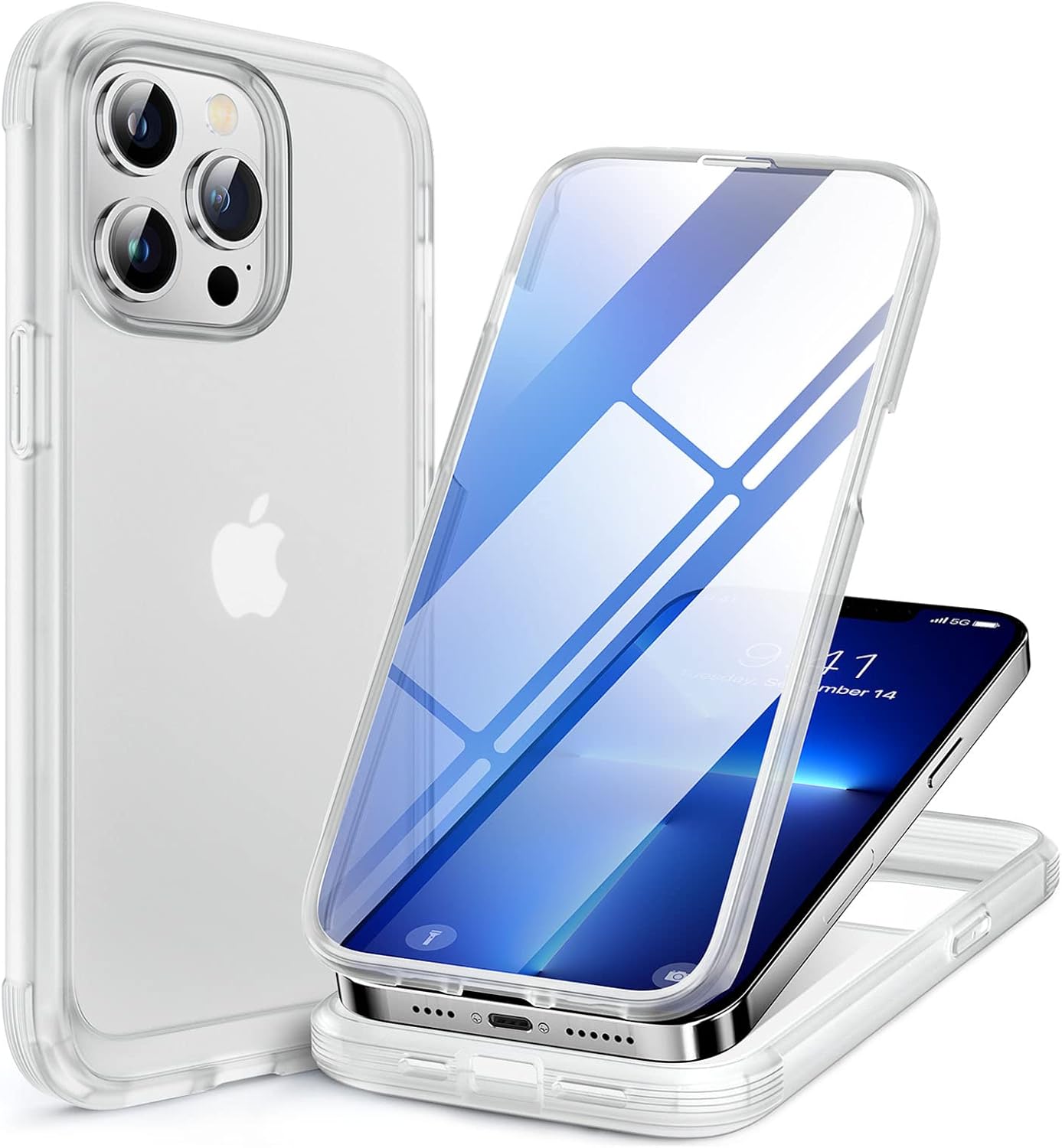 Miracase Glass Case for iPhone 13 Pro Max 6.7 inch, Upgrade Full-Body Clear Phone Bumper Case Cover with Built-in 9H Tempered Glass Screen Protector, Matte Clear