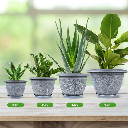 10 Inch Flower Pots Planters for Indoor Outdoor Plants, 3 Pack Plastic Large Plant Pots with Drainage Hole & Tray, Modern Decorative Garden Pot with Saucer, Plant Container for House