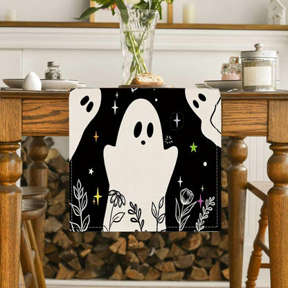 Halloween Black Table Runner Spooky Ghost Floral Boo Table Linen Runner Seasonal Holiday Kitchen Dining Table Decoration Halloween Decorations for Indoor Outdoor Home Party Decor 13x36 Inch