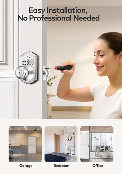 TEEHO TE003 Keyless Entry Keypad Door Lock with Handle, Electronic Digital Smart Deadbolt Locks with 2 Backup Keys, Door Knob with Code for Front Door Bedroom, Auto Lock, Easy to Install, Satin Nickel